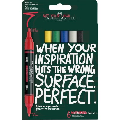 Akril marker készlet, kétvégű MULTIMARK alapszínek Faber-Castell fehér, sárga, eperpiros, zöld, kék, fekete 6klf. szín