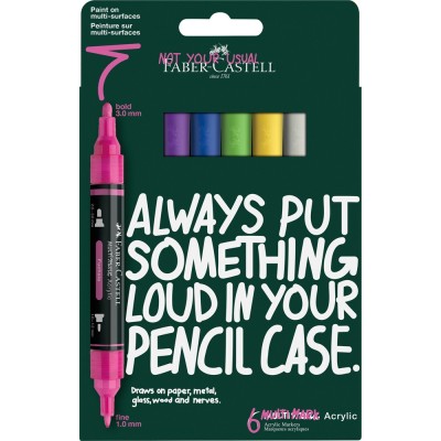 Akril marker készlet,kétvégű MULTIMARK vibráló szín Faber-Castell fehér,fukszia,levélzöld,kék,sárga,levendula 6klf.szín