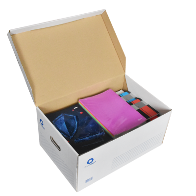 Archiváló konténer karton doboz fedeles 54x36x25cm, felfelé nyíló tetővel Bluering® fehér-kék