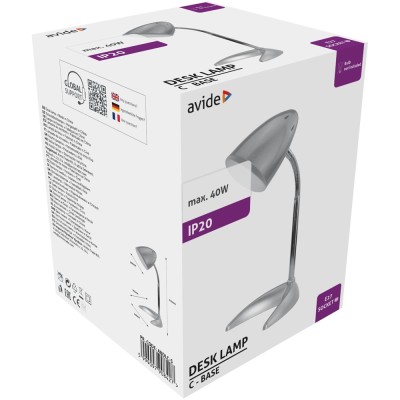 Asztali lámpa, Basic, C-talpas, max. 40W, AVIDE, ezüst Asztali lámpa, Basic, C-talpas, max. 40W, AVIDE, ezüst