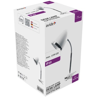 Asztali lámpa, csiptethető, E27, max. 15W, AVIDE, fehér Asztali lámpa, csiptethető, E27, max. 15W, AVIDE, fehér