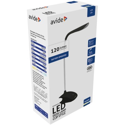 Asztali LED lámpa, csiptethető, 1,5W, 6400K, AVIDE, fekete Asztali LED lámpa, csiptethető, 1,5W, 6400K, AVIDE, fekete