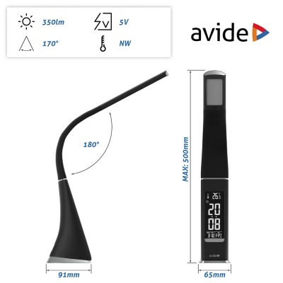 Asztali LED lámpa, kijelzős, 6W, 5000K, AVIDE, fekete Asztali LED lámpa, kijelzős, 6W, 5000K, AVIDE, fekete