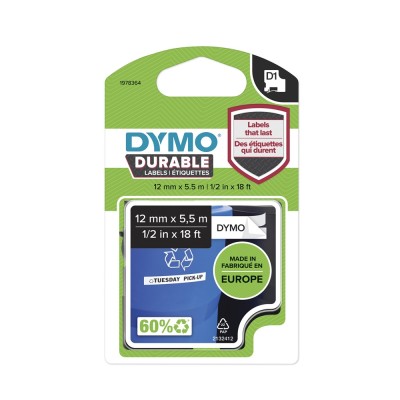 Feliratozógép szalag tartós Dymo D1 1978364 12mmx5,5m ORIGINAL fekete/fehér