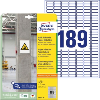 Etikett címke, 25,4 x10mm, szuper tapadású 189 címke/ív, 20 ív/doboz, Avery fehér Etikett címke, 25,4 x10mm, szuper tapadású 189 címke/ív, 20 ív/doboz, Avery fehér