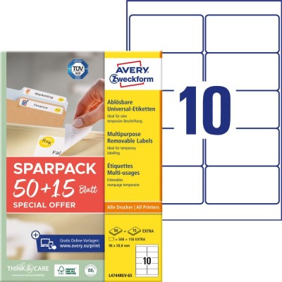 Etikett címke, 96x50,8mm, 25lap 10 címke/lap visszaszedhető Avery
