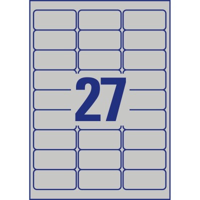 Etikett címke, 63,5 x29,6mm, ipari poliészter, 27 címke/ív, 20 ív/doboz, Avery ezüst