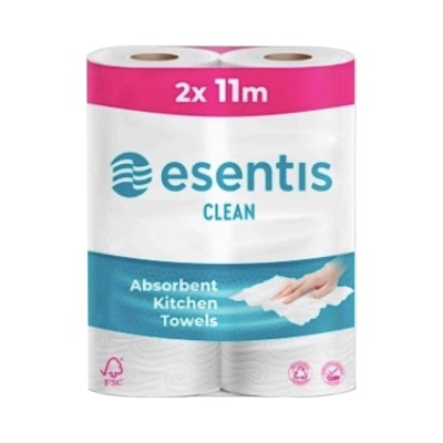 Papírtörlő konyhai 2 rétegű átmérő: 10,2 cm 50 lap/11 méter/tekercs 2 tekercs/csomag Esentis Clean_CPBC027 fehér