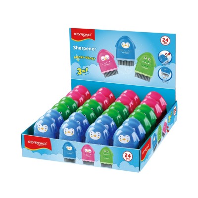 Hegyező 1 lyukú radírral és porkefével 24 db/display Keyroad Rocky Docky vegyes színek