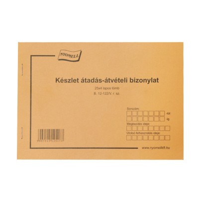 Készlet átadás átvételi bizonylat 8tételes 25x4 lapos tömb A/5 fekvő B.12-122