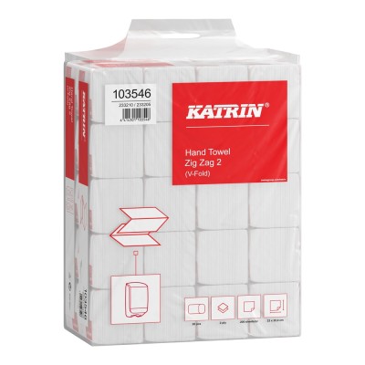 Kéztörlő 2 rétegű V hajtogatott 200 lap/csomag 22,4 x 23 cm 20 csomag/karton Zig Zag Handy Pack Katrin_103546 fehér