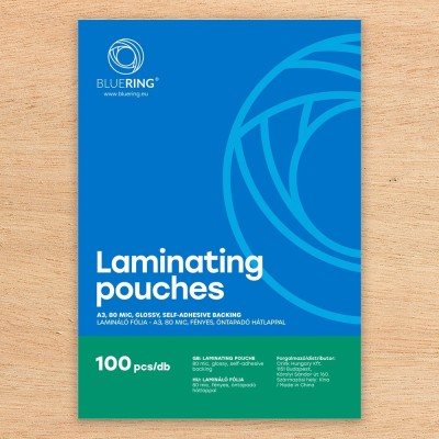 Lamináló fólia A3, 80 micron öntapadó hátlappal 100 db/doboz, Bluering®