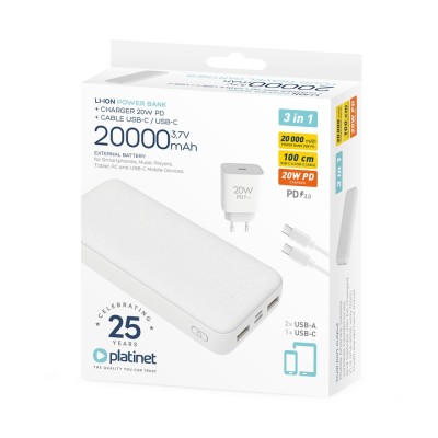 Powerbank szett 20000 mAh +20W PD töltő Platinet fehér Powerbank szett 20000 mAh +20W PD töltő Platinet fehér