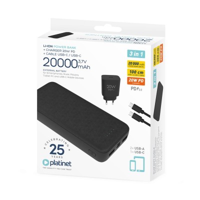 Powerbank szett 20000 mAh +20W PD töltő Platinet fekete Powerbank szett 20000 mAh +20W PD töltő Platinet fekete