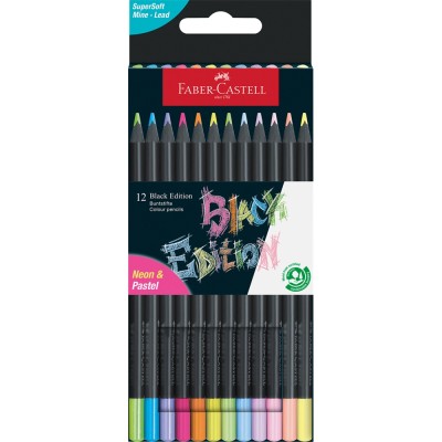 Színes ceruza készlet háromszögletű BLACK EDITION Faber-Castell neon+pasztell fekete test 12klf. szín