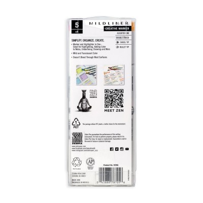 Szövegkiemelő készlet, 1,4/4 mm, kétvégű, Zebra Mildliner Highlighter Gentle, 5 különböző szín