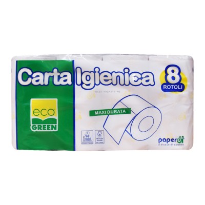 Toalettpapír 2 rétegű kistekercses 200 lap/21 m/tekercs 8 tekercs/csomag Carta Igienica Maxi Durata EcoGreen Paperdi