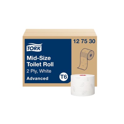Toalettpapír 2 rétegű duplatekercses átmérő: 13,2 cm 100 m/tekercs 27 tekercs/karton Mid-size T6 Tork_127530 fehér