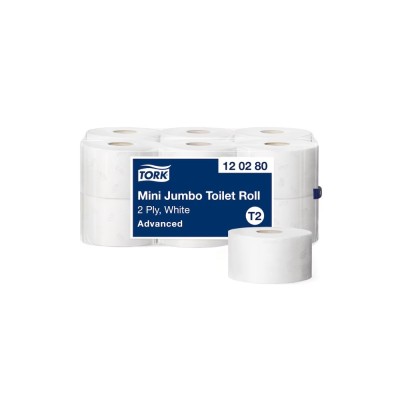 Toalettpapír 2 rétegű közületi átmérő: 18,8 cm 850 lap/170 m/tekercs 12 tekercs/karton Mini Jumbo Tork_120280 fehér