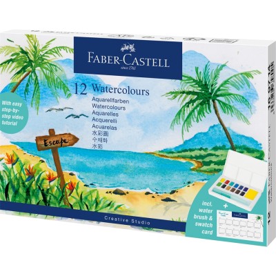 Vízfesték készlet CREATIVE STUDIO keverő palettával+ vízadagolós ecsettel Faber-Castell 12klf.szín